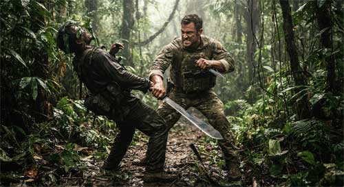 Soldado de operaciones especiales ejecutando una técnica de desarme con cuchillo filipino en entorno selvático, demostrando precisión letal