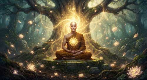 Un monje sentado en meditación bajo una cascada de luz dorada que transforma las sombras circundantes en flores de loto