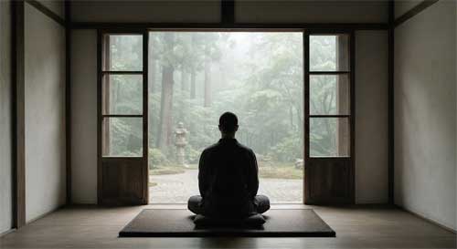 Silueta de una persona sentada en meditación frente a una ventana abierta donde se ve un paisaje natural sereno