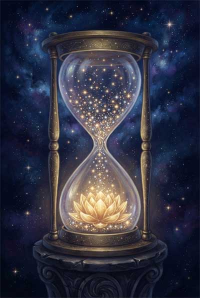 Un reloj de arena antiguo donde la arena superior son estrellas brillantes que caen lentamente formando un loto en la base inferior