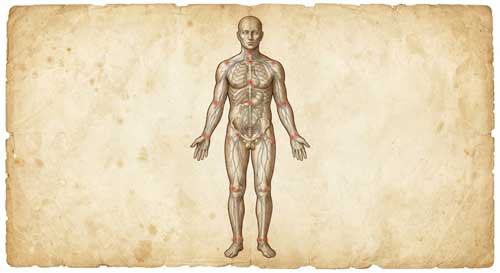 Diagrama artístico del cuerpo humano mostrando meridianos y puntos nerviosos brillantes en tonos dorados sobre fondo oscuro