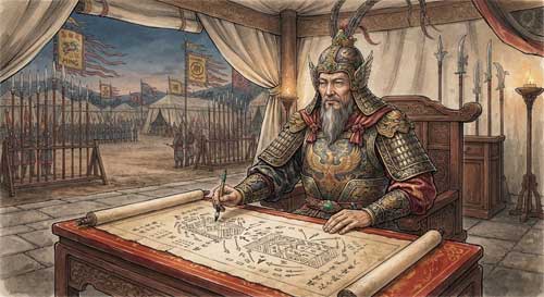 General chino antiguo con armadura detallada sosteniendo un mapa militar, rodeado de soldados en formación, estilo pintura histórica seria