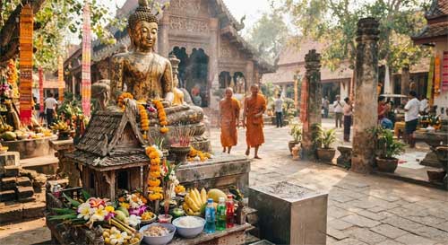 Escena cotidiana en un templo del sur de Asia con ofrendas para espíritus locales, estatuas de protectores y monjes, ambiente realista y terrenal