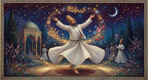 Miniatura persa mostrando a Rumi danzando en éxtasis místico bajo un cielo estrellado, rodeado de caligrafía árabe flotante y símbolos sufíes como la luna creciente y estrellas doradas