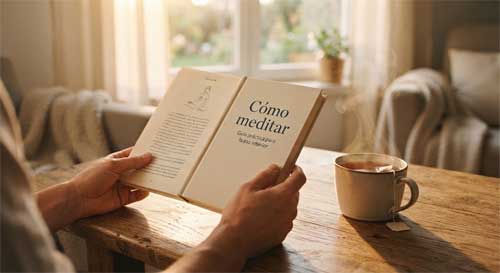 Monja budista occidental sonriendo amablemente, sosteniendo un libro de meditación, fondo sencillo y sereno, transmitiendo sabiduría y accesibilidad