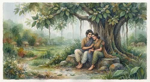 Joven pareja campesina encontrándose secretamente bajo un árbol de mango durante la estación de las lluvias