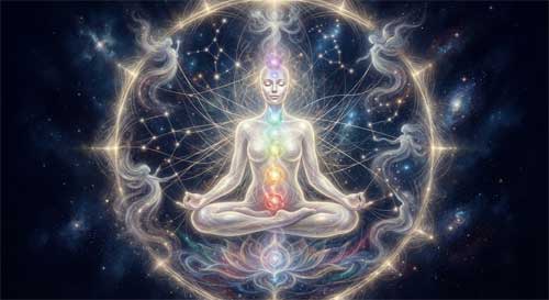 Figura meditativa flotando en un espacio estrellado, rodeada de luces brillantes y formas geométricas sutiles que representan deidades internas