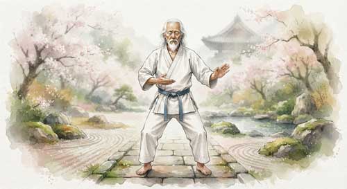 Maestro de karate en postura tradicional frente a un templo japonés antiguo