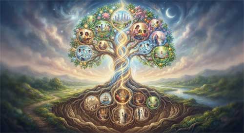 Ilustración simbólica de un hilo dorado que conecta diferentes escenas de vida, representando la continuidad del karma a través del tiempo