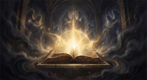 Cuatro reyes guardianes celestiales brillantes protegiendo un libro antiguo que emite rayos de luz dorada intensa