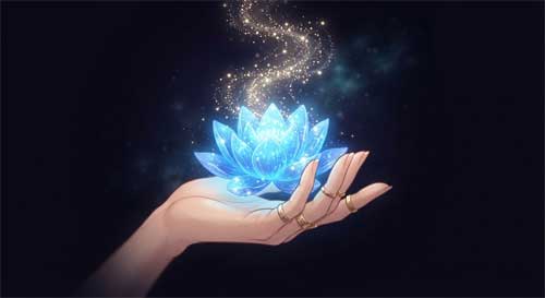 Ilustración serena de un monje sosteniendo una planta medicinal brillante, rodeado de una luz dorada suave que simboliza la curación espiritual