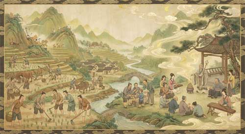 Ilustración de un antiguo pergamino chino con símbolos de paz y equilibrio, rodeado de elementos naturales y figuras humanas en armonía