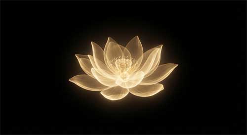 Flor de loto dorada brillante flotando en un espacio vacío oscuro, emitiendo rayos de luz suave, simbolizando la conciencia pura