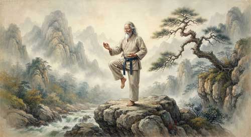 Practicante de Tang Soo Do ejecutando una patada lateral con precisión mientras esquiva un ataque frontal