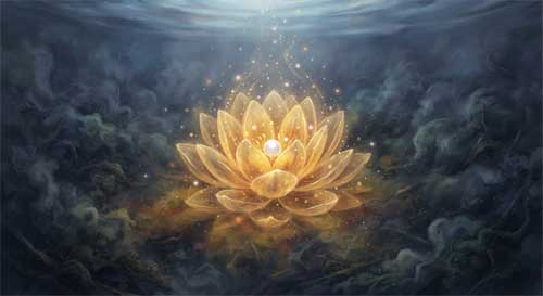 Un loto dorado brillando intensamente desde el fondo de un estanque oscuro y turbio, simbolizando la pureza inherente de la mente