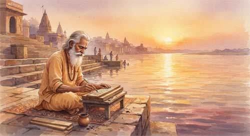 Pintura digital estilo acuarela india mostrando a un santo escribiendo sobre hojas de palma junto al río Ganges