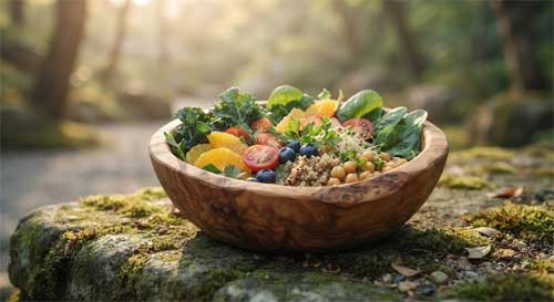 Un cuenco de madera sencillo lleno de alimentos vegetales frescos sobre una mesa de piedra, rodeado de naturaleza serena