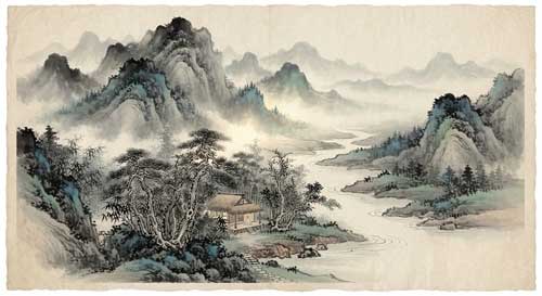 Paisaje de tinta china con montañas lejanas, un río tranquilo y una pequeña figura humana contemplando la naturaleza