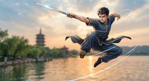 Silueta de un practicante de Wushu realizando una postura dinámica con espada al amanecer frente al lago