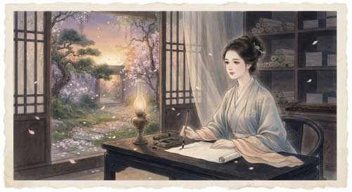 Mujer joven de la dinastía Tang escribiendo poesía junto a una ventana abierta con vista a un jardín de bambú, atmósfera serena y melancólica