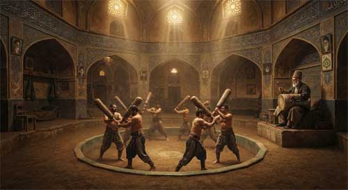 Interior octogonal de una Zur Khaneh tradicional persa con atletas realizando ejercicios rituales bajo luz tenue, rodeados de caligrafía islámica y símbolos sufíes en las paredes
