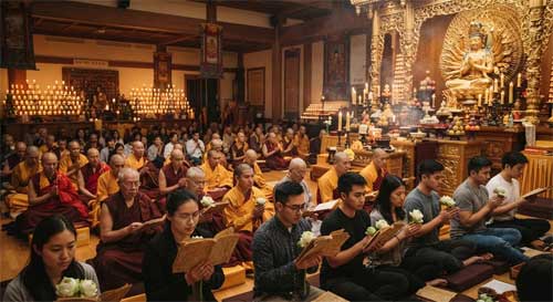 Asamblea de monjes y laicos en un templo californiano con luz de velas, sosteniendo sutras y ofreciendo flores blancas ante un altar dedicado a Avalokitesvara