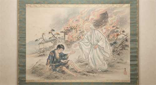 Pintura tradicional japonesa estilo Ukiyo-e suave, escena narrativa, un anciano sabio con túnica blanca extendiendo la mano hacia un joven vestido con harapos