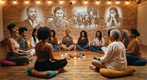 Mujeres afroamericanas meditando en círculo en un espacio comunitario urbano, con imágenes sutiles de figuras históricas de derechos civiles proyectadas en la pared