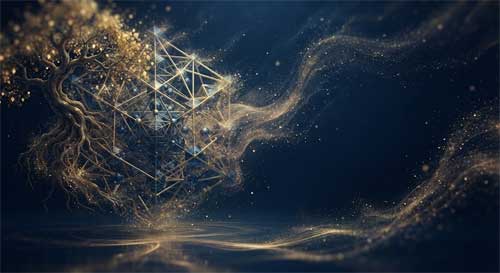 Arte digital conceptual, partículas de luz dorada dispersándose en un fondo azul oscuro profundo, estructuras geométricas desintegrándose suavemente