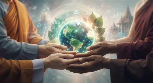 Representación simbólica de un globo terráqueo sostenido por manos de diferentes tradiciones budistas, rodeado de iconos digitales sutiles y hojas verdes, simbolizando la unión de tecnología, naturaleza y espiritualidad
