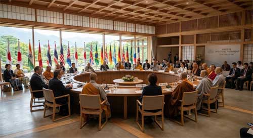 Gran salón de conferencias con delegados de diversas tradiciones budistas sentados en círculo, con banderas de múltiples naciones y símbolos de paz al fondo