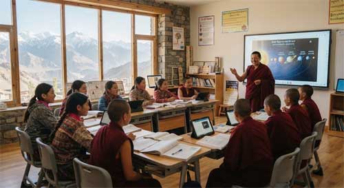 Niñas y monjas jóvenes estudiando en un aula moderna con grandes ventanales que dan a las montañas de Ladakh, con libros y tablets sobre los pupitres