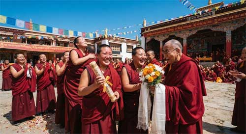 Grupo de monjas tibetanas celebrando con alegría tras recibir sus grados Geshema, sosteniendo certificados y flores en un patio monástico