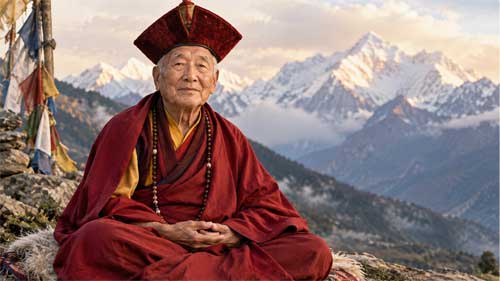 Retrato de Gyatrul Rinpoche con vestimenta monástica tradicional roja y sombrero ceremonial, sentado en un entorno de montaña himalaya sereno