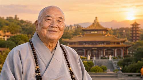 Retato sereno del Maestro Hsing Yun sonriendo con su característica túnica gris, con el templo Fo Guang Shan de fondo bajo un cielo azul