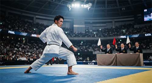 Karateka ejecutando un kata con precisión extrema sobre un tatami iluminado, con jueces al fondo sosteniendo banderas tradicionales