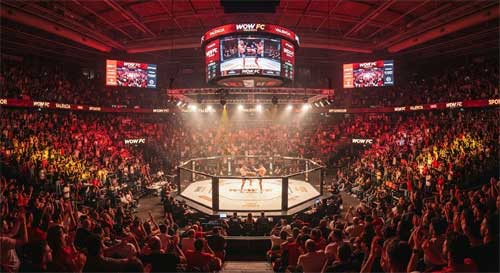 Vista panorámica del Roig Arena lleno hasta la bandera con una atmósfera eléctrica durante un evento de WOW FC, con luces espectaculares sobre el octágono