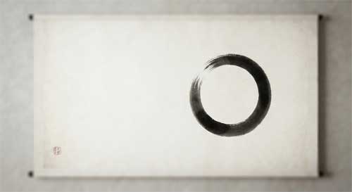 Ilustración minimalista estilo zen, tinta negra sobre papel arroz, un círculo perfecto enso incompleto, espacio vacío predominante