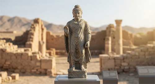 Escultura de piedra gris estilo Gandhara, Buda de pie, túnica monástica con pliegues realistas estilo helenístico, rostro sereno con rasgos europeos suaves