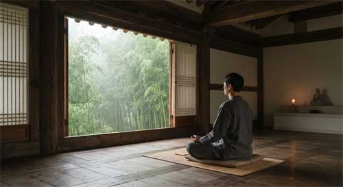 Interior sereno de un templo coreano tradicional con madera vista, donde una persona medita frente a una ventana abierta al bosque neblinoso