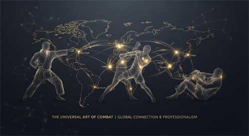 Collage artístico que muestra siluetas de luchadores de diferentes disciplinas (MMA, Karate, BJJ) sobre un mapa mundi estilizado con puntos de luz conectando continentes