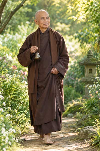 Thich Nhat Hanh caminando descalzo sobre un camino de tierra en Plum Village, con una sonrisa serena y sosteniendo su túnica marrón mientras toca una campana pequeña