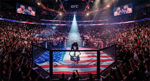 El octágono de la UFC iluminado con luces patrióticas rojas, blancas y azules, con una multitud masiva de fondo celebrando un evento histórico