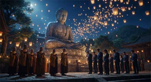 Gran estatua de Buda iluminada por miles de linternas flotantes en un paisaje vietnamita o chino, con delegados de la ONU y monjes en primer plano observando con respeto