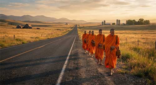 Monjes theravada con túnicas azafrán caminando descalzos por una carretera rural estadounidense al atardecer, con un paisaje amplio y sereno de fondo