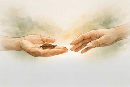 Due mani che condividono un semplice gesto di cura