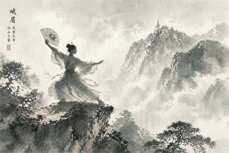 Female practitioner with a fan in the mist of Emei