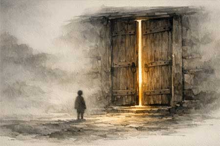 Una figura piccola davanti a una grande porta di legno antica