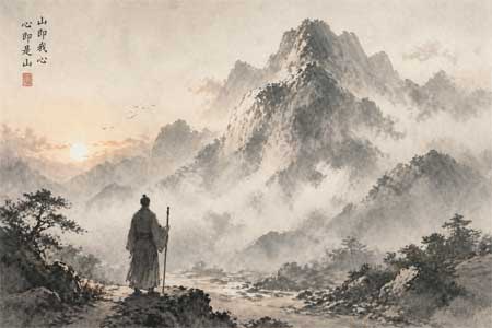 Pilgrim looking at a majestic mountain