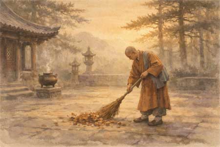 Monje barriendo hojas al amanecer